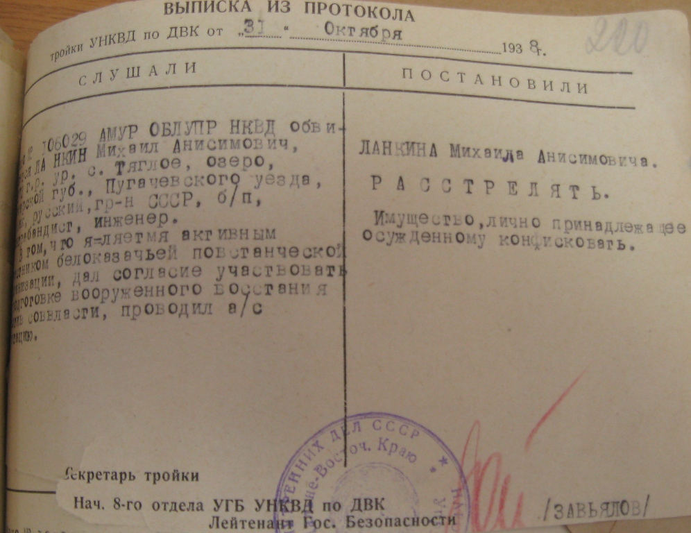 выписка тройки УНКВД по ДВК от 31 октября 1938 г.